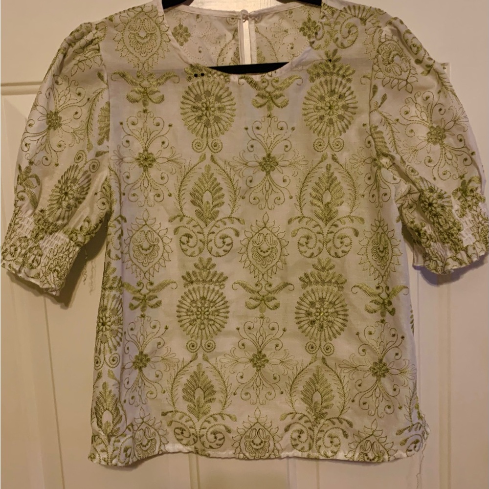 Embroidered Short Sleeve Women’s Top - Green on Cream